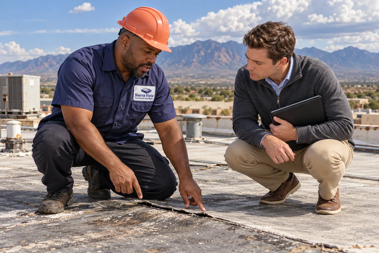 Roofer and a building owner kneeling at an open seam on an aged flat roof in Sierra Vista, AZ