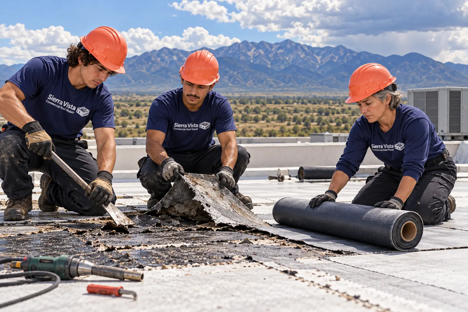 Roofing crew cutting out wet roof material and unrolling new membrane on a commercial flat roof