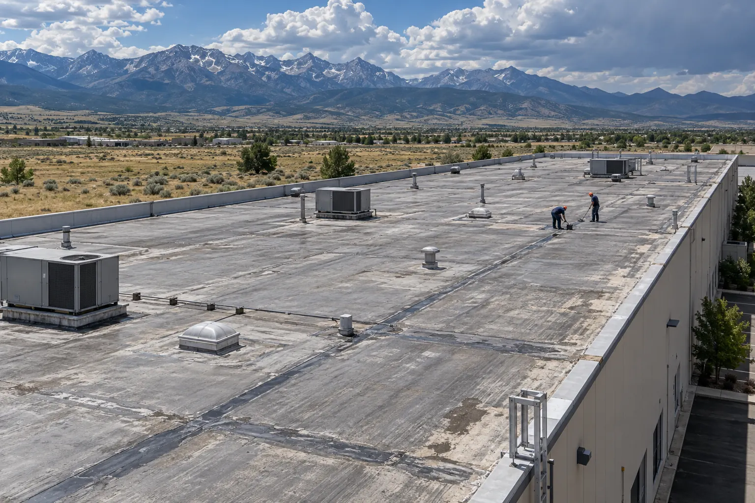Long low-slope commercial roof with rooftop units and two roofers at a seam, mountains behind