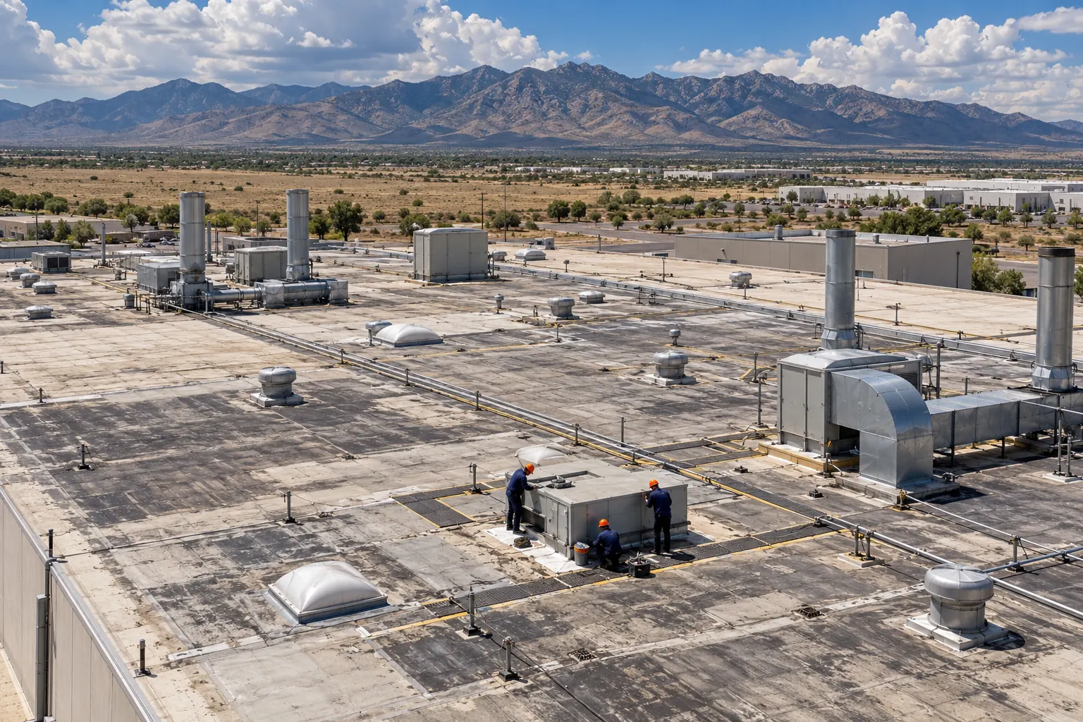 Industrial plant roof with exhaust stacks, ducts, and a crew working at a rooftop unit
